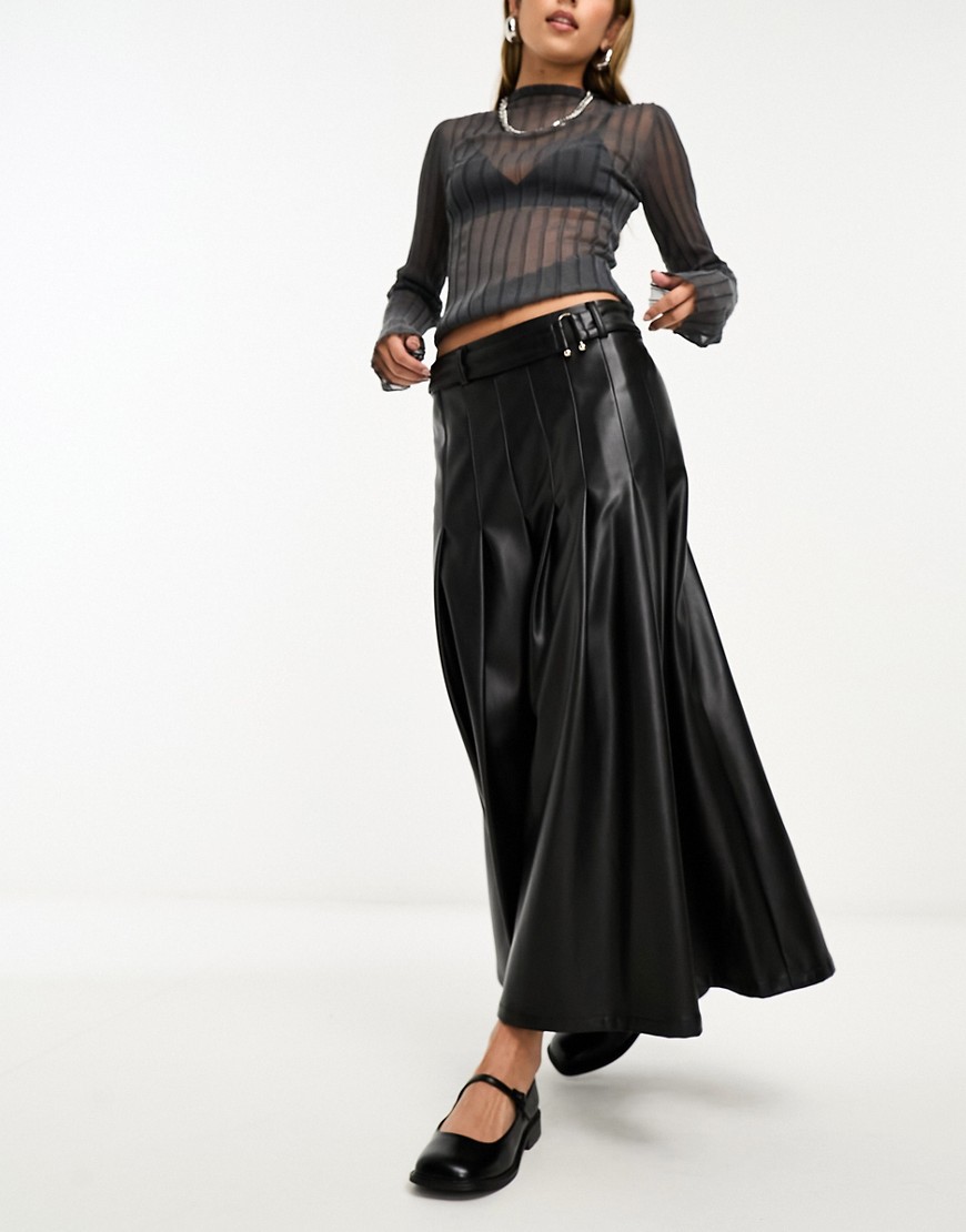 River Island belted pleat faux leather midi skirt in black