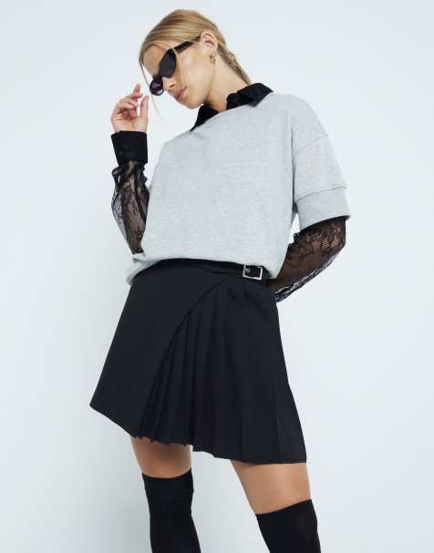 River Island belted pleated mini skirt in black