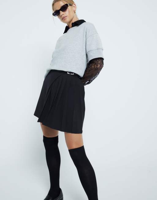 River Island belted pleated mini skirt in black ASOS
