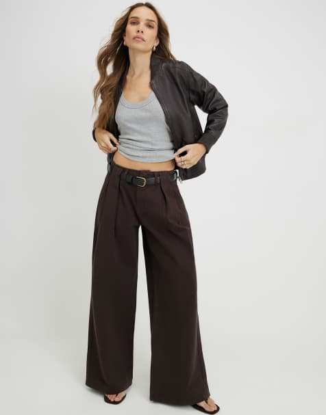 River Island Belted pleated wide leg jeans in brown - dark - view 1