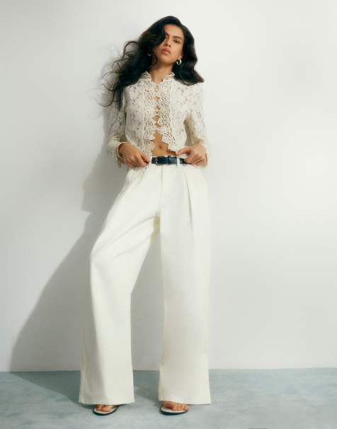River Island Belted pleated wide leg jeans in cream - view 1
