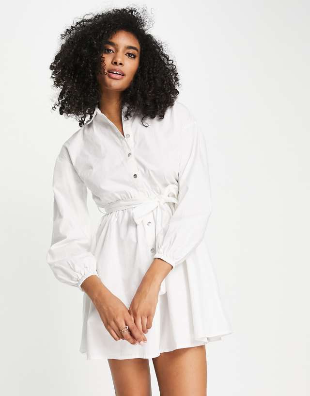 River Island belted poplin mini shirt dress in white