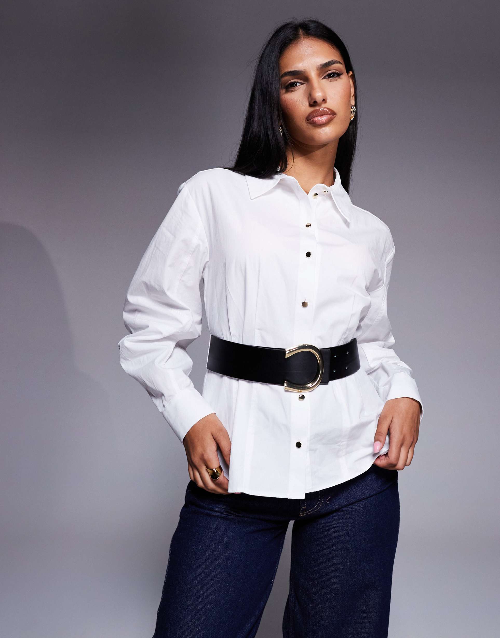 river island belted poplin shirt in white