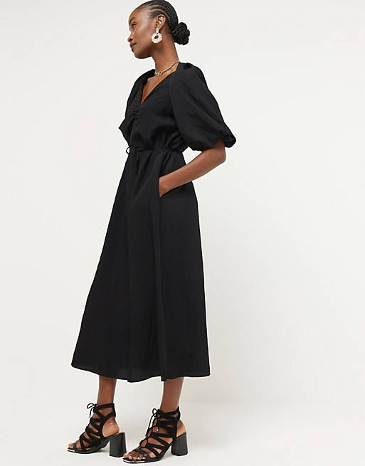 River Island Belted puff sleeve shift midi dress in black | ASOS