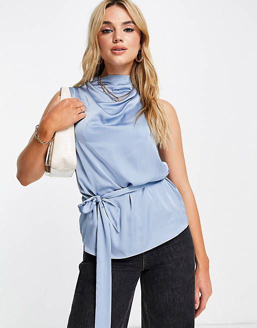 Women Shirts & Blouses/River Island belted satin cowl neck sleeveless top in blue 