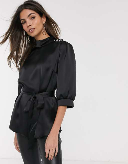 River Island belted satin top in black | ASOS