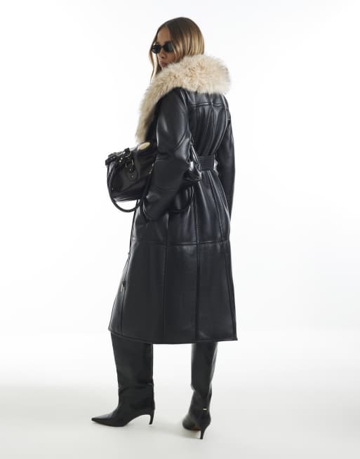 River Island Belted shearling trench coat in black, 4 of 4