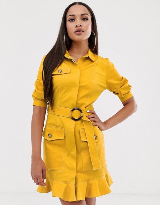 River Island belted shirt dress with frill hem in yellow