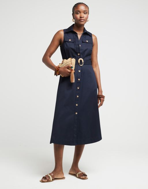 River Island Belted sleeveless midi shirt dress in navy ASOS