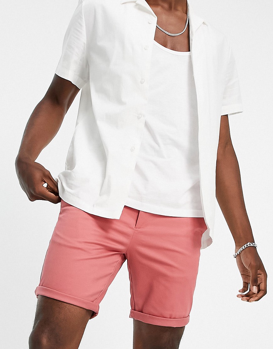 River Island belted slim chinos in coral-Pink