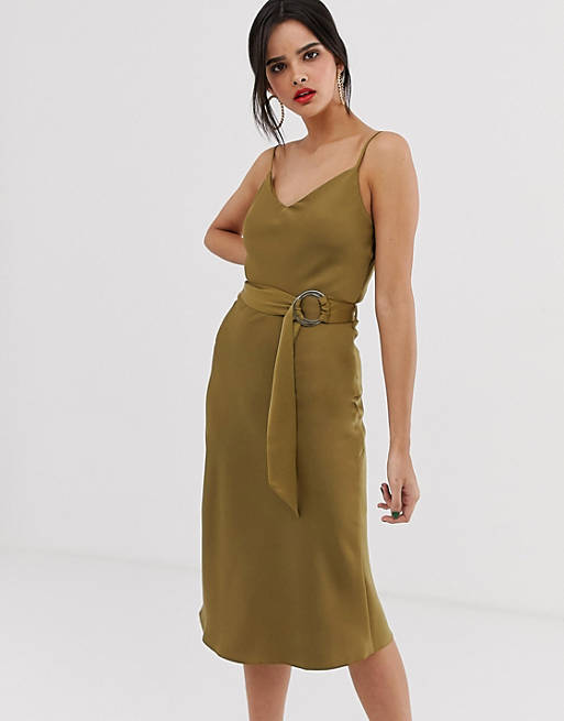 River Island belted slip dress in khaki | ASOS