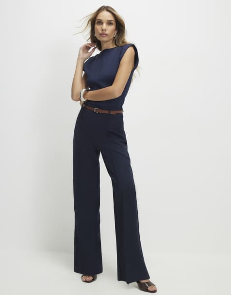 River Island Belted straight leg trousers in navy - view 1