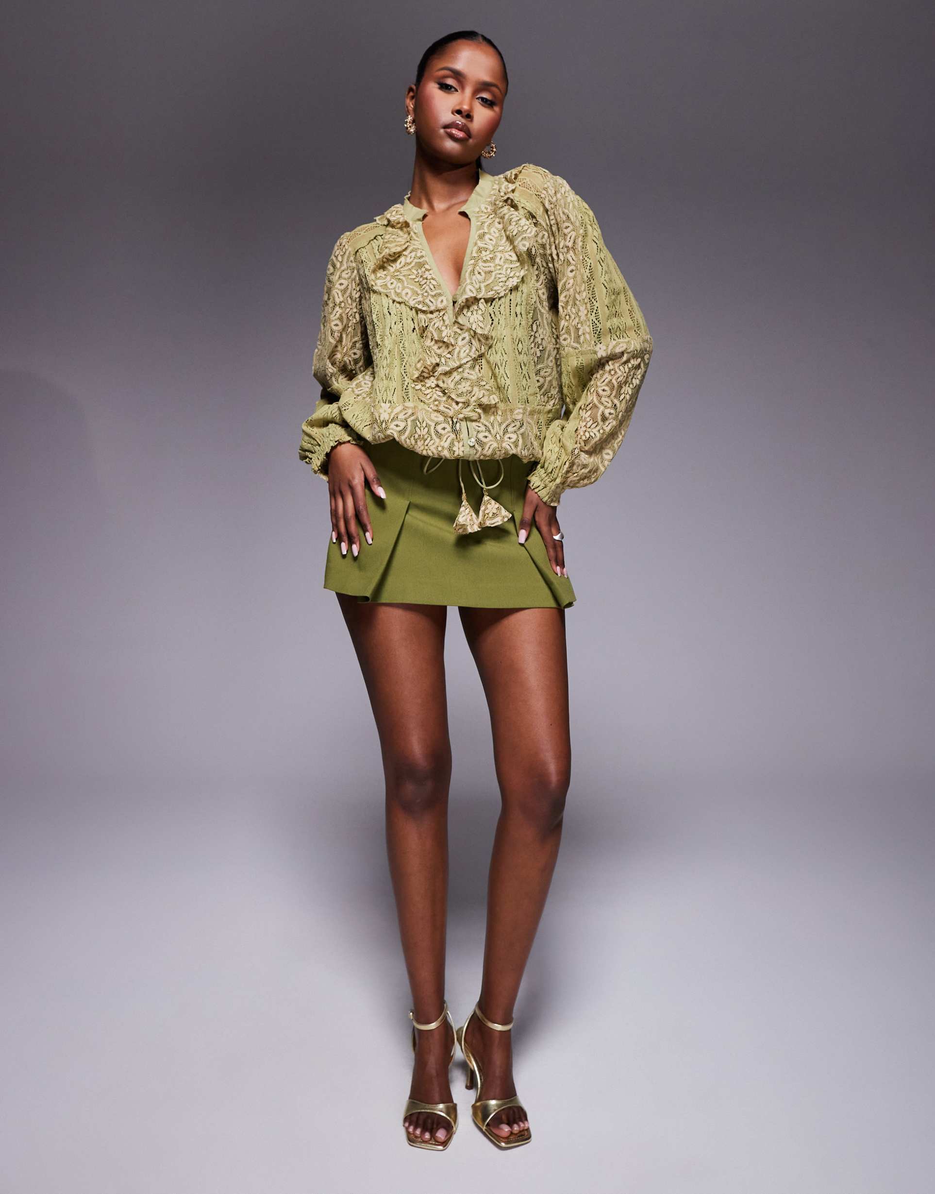 river island belted tailored mini skort in khaki