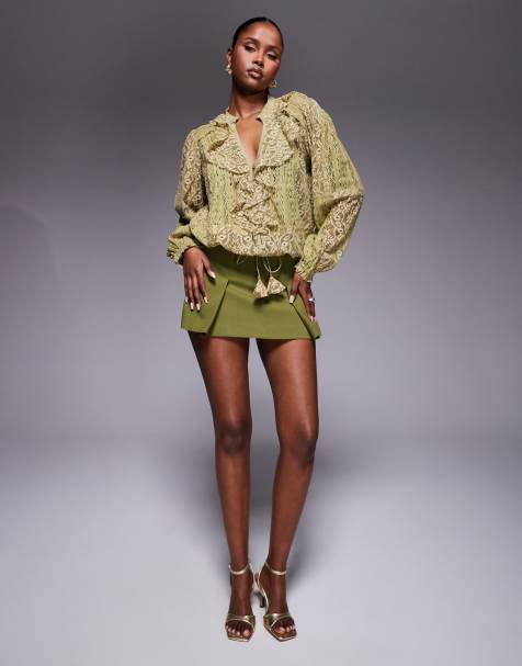 River Island belted tailored mini skort in khaki