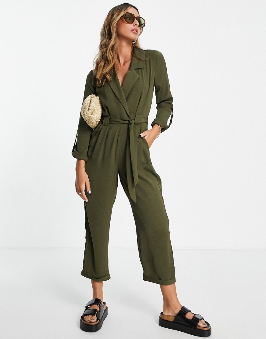 River Island belted utility jumpsuit in khaki-Green