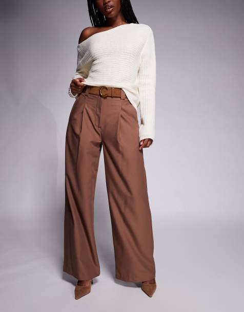River Island belted wide leg pants in brown - view 1