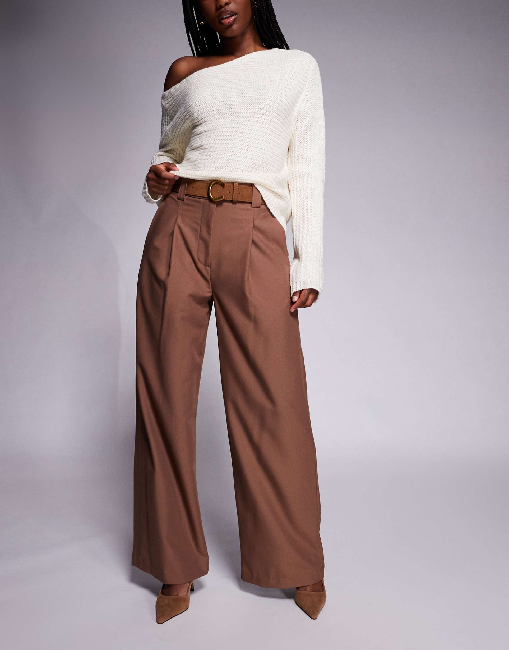 river island belted wide leg pants in brown