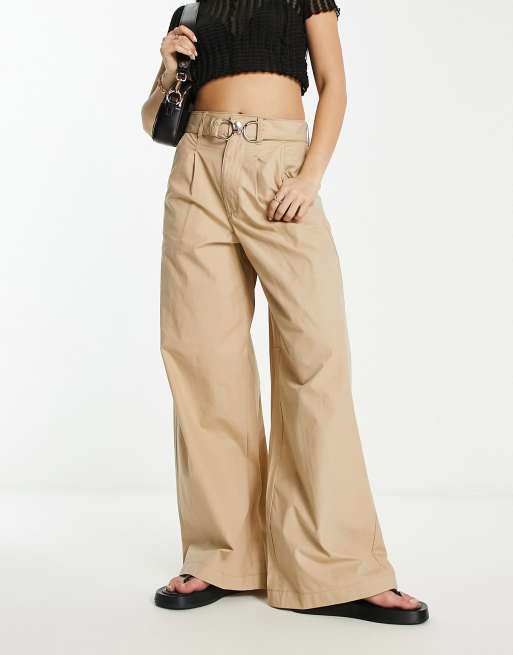 River Island belted wide leg pants with hardware detail in beige 