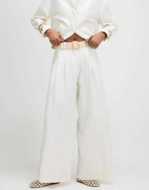 River Island Belted wide leg trousers in white