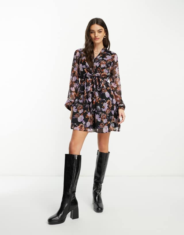 River Island belted wrap floral dress in black