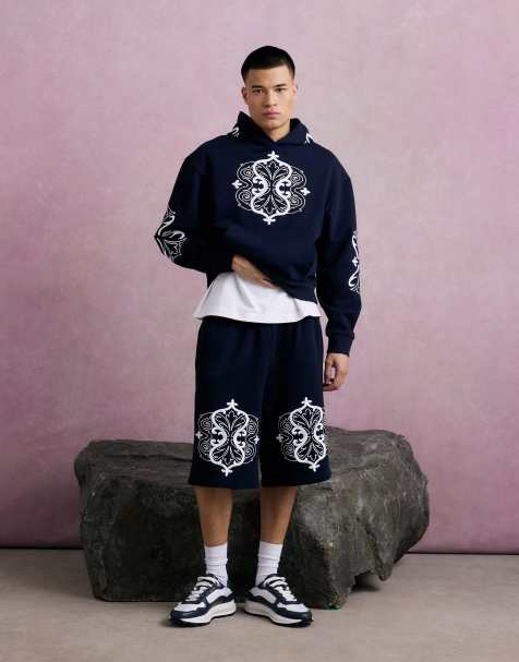 River Island Bermuda baroque embroidered shorts in navy - view 1