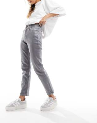 River Island - Beschichtete Straight Jeans in Silber