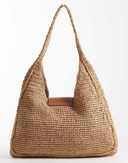 River Island – Beżowa luźna torebka z klapką z rafii, 4 z 4