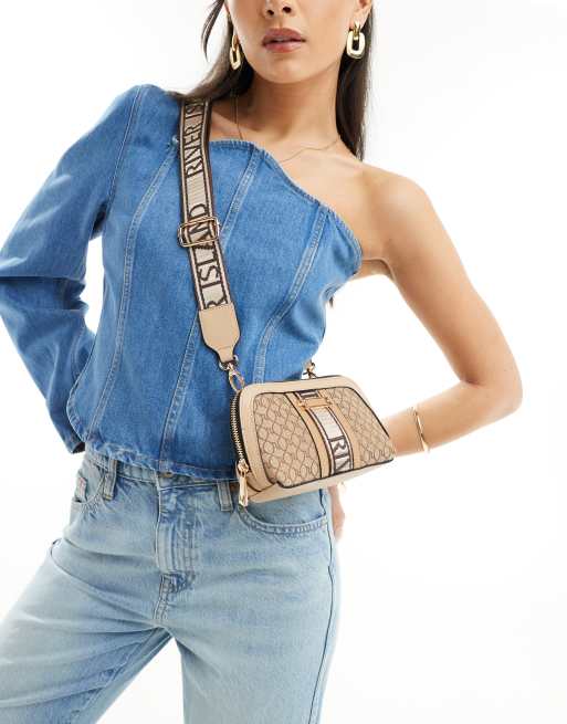 River Island – Beżowa torebka crossbody ze wzorem z monogramem „RI“