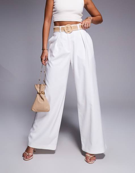 River Island belted wide leg trouser in white