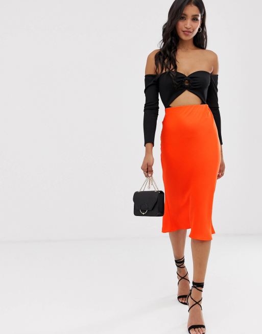 River Island bias cut midi skirt in orange | ASOS