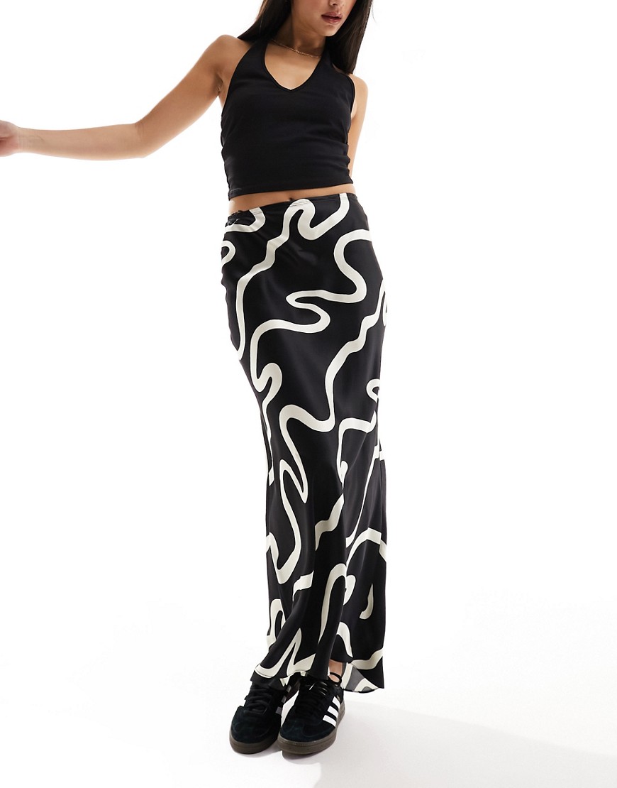 River Island bias maxi skirt in black and white squiggle print