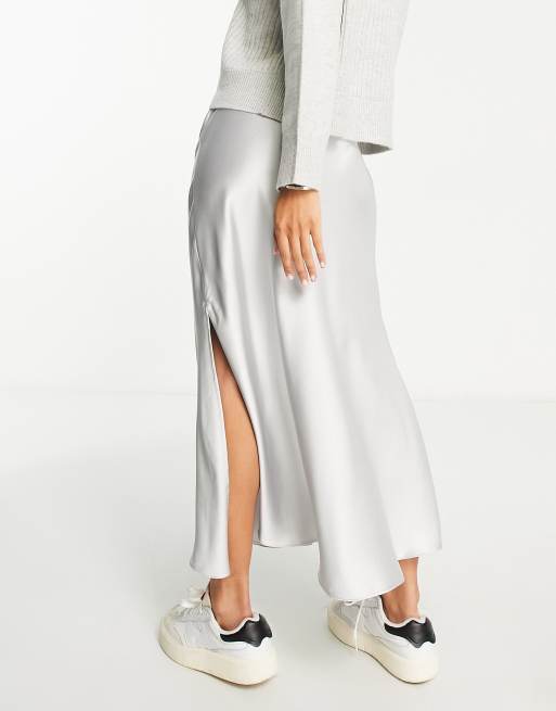 River Island bias midi skirt in silver ASOS