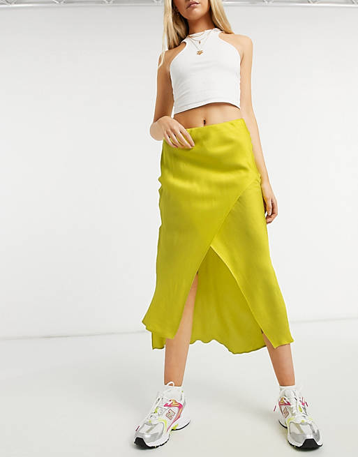 Women River Island bias satin midi skirt in yellow 
