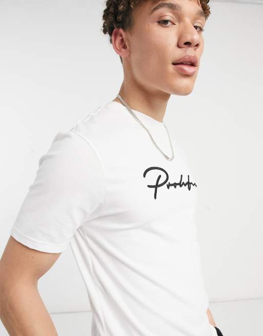 River Island – Biały dopasowany T-shirt z napisem 