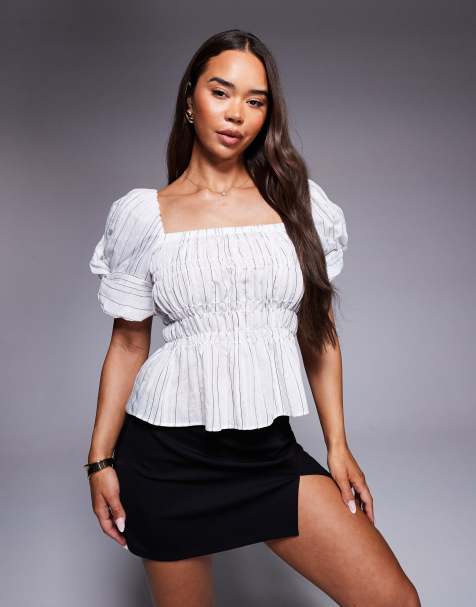 River Island puff sleeve shirred top in white 