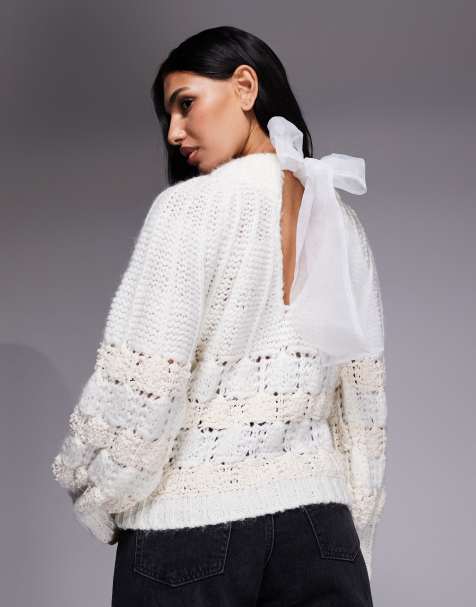 River Island – Biały sweter z dzianiny pointelle z kokardą na plecach - view 1