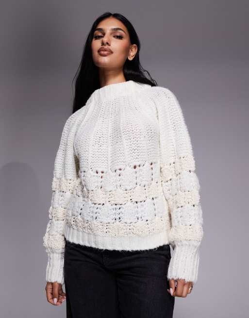 River Island – Biały sweter z dzianiny pointelle z kokardą na plecach, 4 z 4