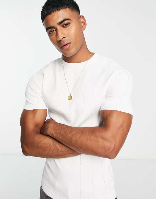 River Island – Biały T-shirt o kroju podkreślającym sylwetkę z dzianiny pointelle