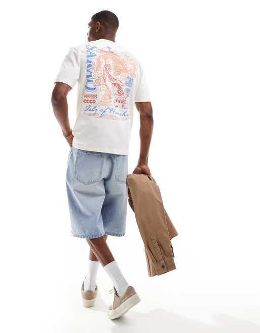River Island – Biały T-shirt z haftowanym japońskim wzorem