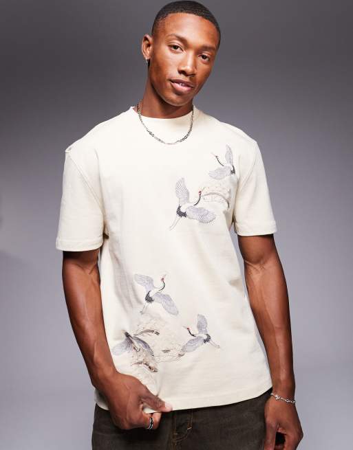 River Island – Biały T-shirt z haftowanymi żurawiami