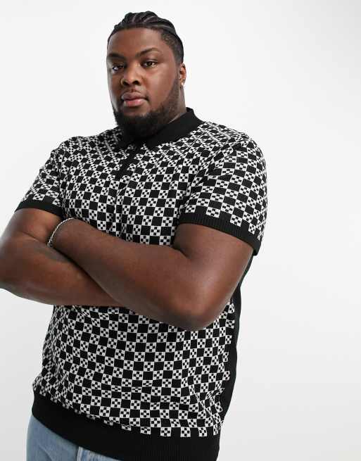 River Island Big & Tall – Czarna dopasowana koszulka polo w geometryczny wzór