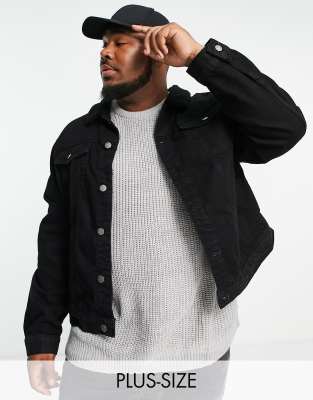 River Island Big & Tall denim jacket with borg collar in black