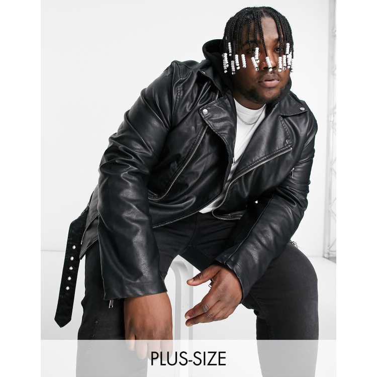 River Island Big Tall faux leather biker jacket in black ASOS