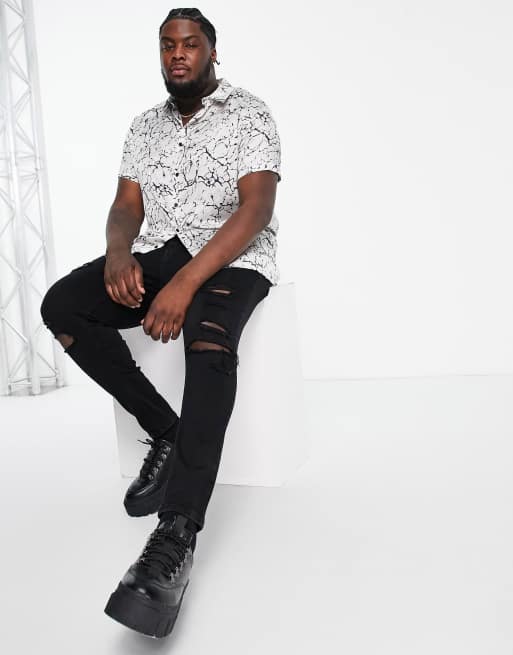 River Island - Big& Tall - Feestelijk overhemd met korte mouwen en marmerprint in lichtgrijs, 4 van 4