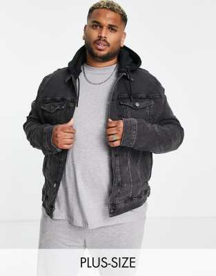 River Island Big & Tall Hooded Denim Jacket In Black ModeSens