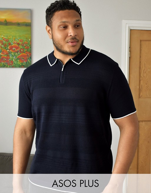 River Island Big & Tall knitted zip neck polo in navy
