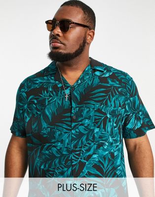 River Island Big & Tall leaf print revere shirt in black