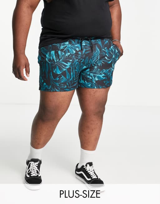 River Island Big & Tall - Pantaloncini da bagno neri con stampa di foglie
