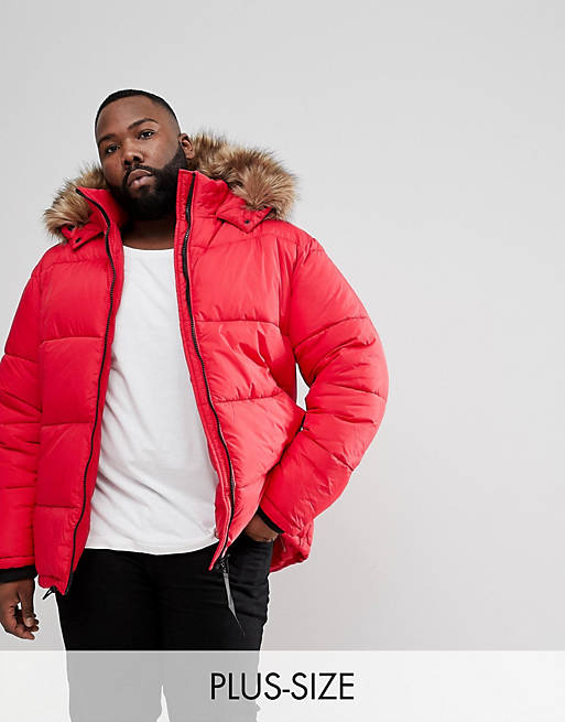 River Island Big & Tall puffer jacket with faux fur hood in red | ASOS