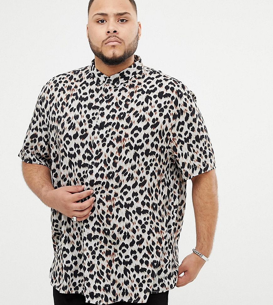 River Island Big & Tall regular fit revere shirt in leopard print-Grey